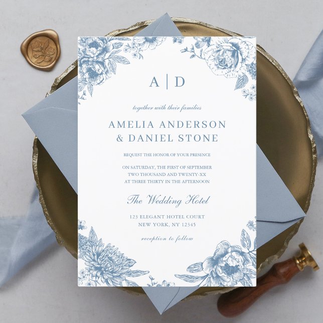 Vintage Dusty Blue Garden Monogram Wedding Invitation (Creator Uploaded)