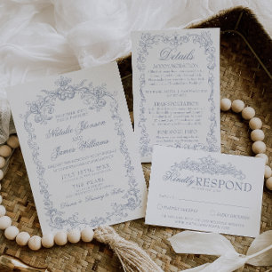 Vintage Dusty Blue Old Money Classy Wedding Invitation