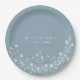 Vintage Dusty Blue Rose Vine Wedding Paper Plate