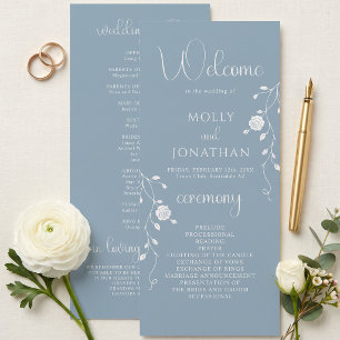 Vintage Dusty Blue Rose Vine Wedding Program Programme