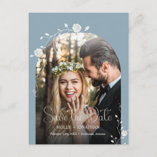 Vintage Dusty Blue Rose Vine Wedding Save The Date Postcard
