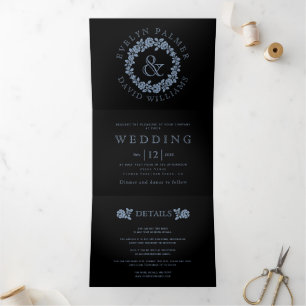 Vintage dusty blue rose wreath black wedding Tri-Fold invitation