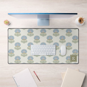 Vintage Dusty Blue Sage Green Floral Monogram Desk Mat