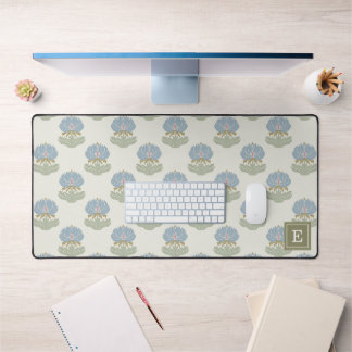 Vintage Dusty Blue Sage Green Floral Monogram Desk Mat