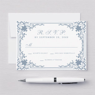 Vintage Dusty Blue Script Elegant White Wedding RSVP Card