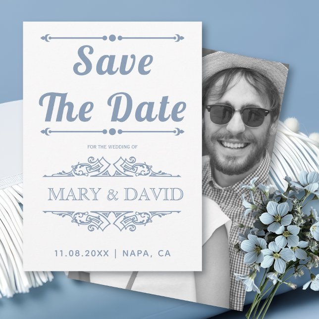 Vintage dusty blue typography Save the Date (Creator Uploaded)
