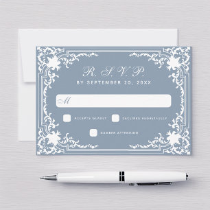 Vintage Dusty Blue Wedding Elegant White Script RSVP Card