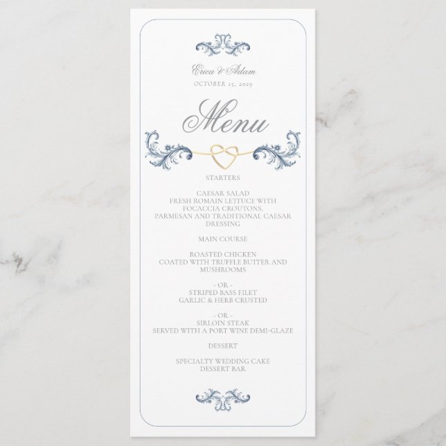 Vintage Dusty Blue Wedding Menu (Front)