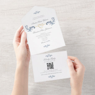 Vintage Dusty Blue Wedding QR Code All In One Invitation