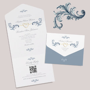 Vintage Dusty Blue Wedding QR Code All In One Invitation
