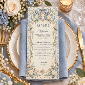 Vintage Dusty Blue White Floral Toile Wedding Menu