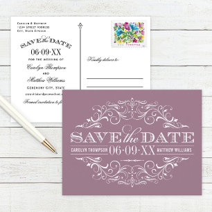 Vintage Dusty Mauve Scrollwork Save the Date Announcement Postcard