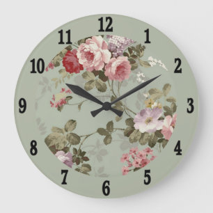 Vintage Dusty Olive Green Floral Design Large Clock