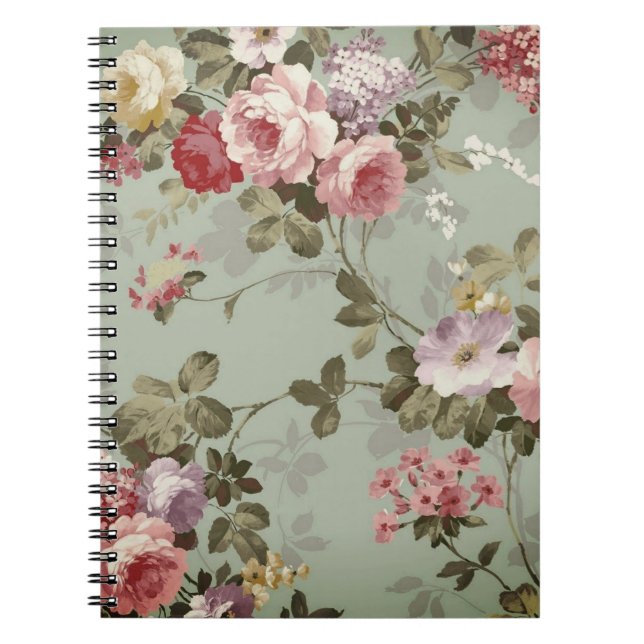 Vintage Dusty Olive Green Floral Design Notebook (Front)