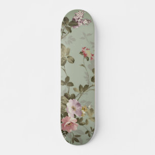 Vintage Dusty Olive Green Floral Design Skateboard
