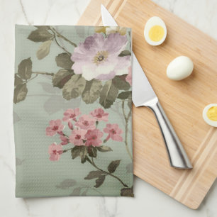 Vintage Dusty Olive Green Floral Design Tea Towel
