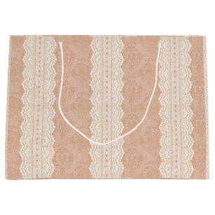 Vintage Dusty Peach Antique Damask Faded Lace Large Gift Bag