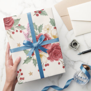 Vintage Dusty Rose Christmas Floral Holly Pattern Wrapping Paper