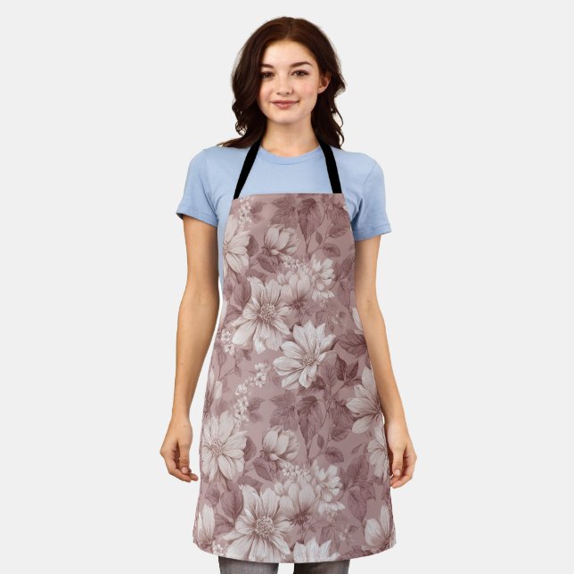 Vintage Dusty Rose Cream Floral Pattern Apron (Worn)