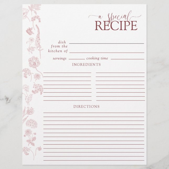 Vintage Dusty Rose Floral Recipe Binder Page (Front)