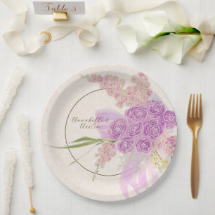 Vintage Dusty Rose Ombré Bow and Bouquet Paper Plate