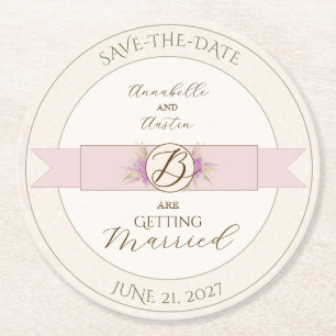 Vintage Dusty Rose ombré Bow Bouquet save-the-date Round Paper Coaster