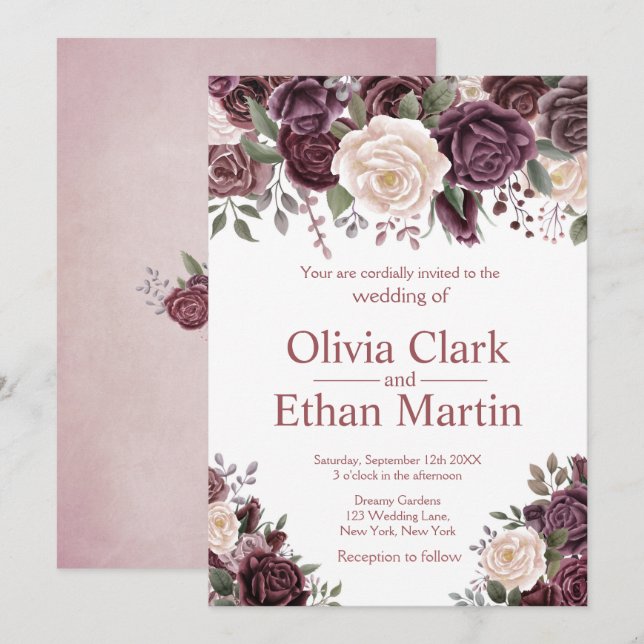 Vintage Dusty Rose on Pure White Invitation (Front/Back)