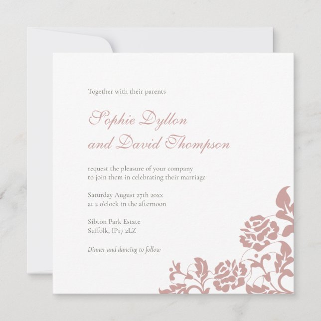 Vintage Dusty Rose Pink Lace Square Wedding Invitation (Front)