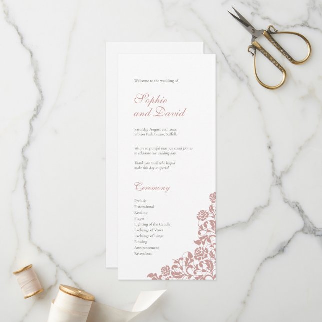 Vintage Dusty Rose Pink Lace Wedding Programme (Front/Back In Situ)