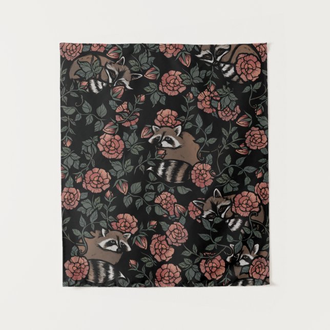 Vintage Dusty Rose Raccoons Pattern Tapestry (Front)