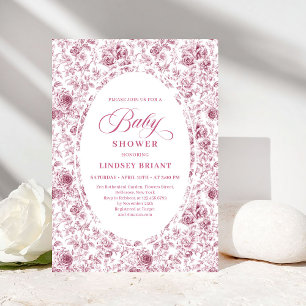 Vintage Dusty Rose Toile Roses Baby Shower Invite