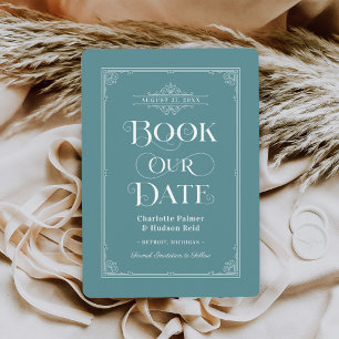 Vintage Dusty Teal Book Cover Wedding Save The Date