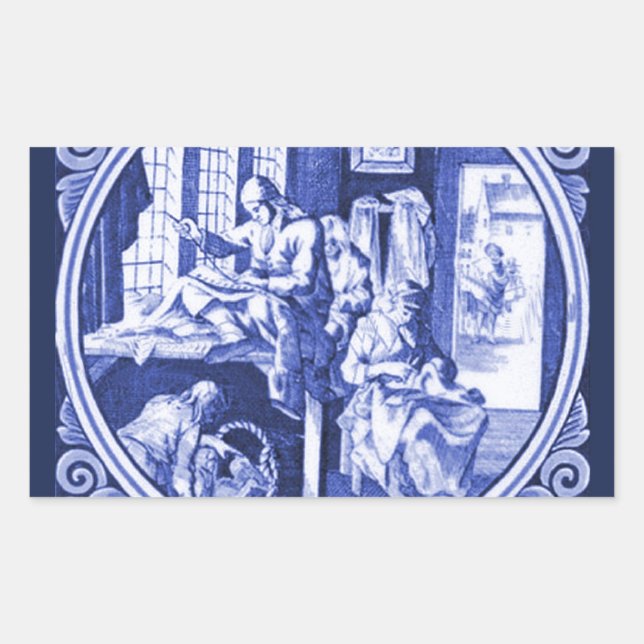 Vintage Dutch Blue Delft tile design Rectangular Sticker (Front)