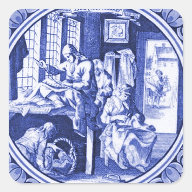 Vintage Dutch Blue Delft tile design Square Sticker (Front)