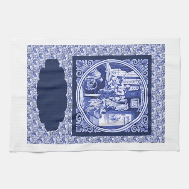 Vintage Dutch Blue Delft tile design Tea Towel (Horizontal)