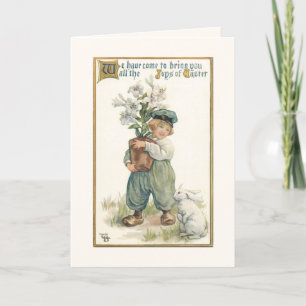 Vintage Dutch Boy with Easter Lilies and Bunny Holiday Card