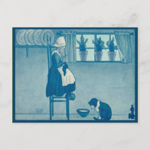 Vintage Dutch child  knitting at  home Postcard