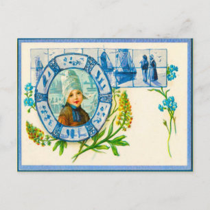 Vintage Dutch costulme and blue Delft tiles Postcard