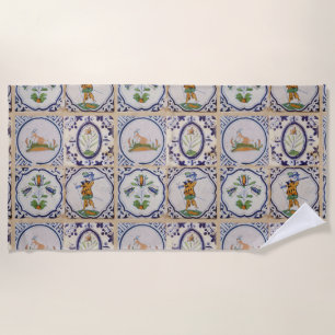 Vintage Dutch Delft Tiles 17th Century pottery art Beach Towel