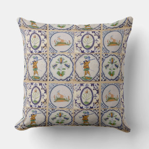 Vintage Dutch Delft Tiles 17th Century pottery art Cushion