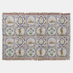 Vintage Dutch Delft Tiles 17th Century pottery art Throw Blanket