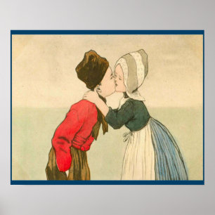 Vintage Dutch design, 1905 Girl and boy kissing Poster