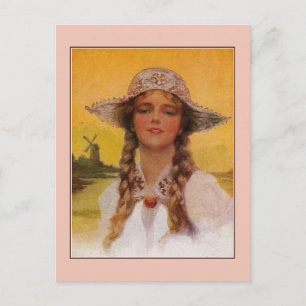 Vintage Dutch girl native dress, windmill Postcard