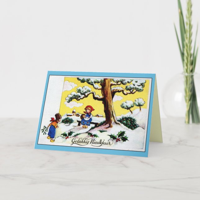 Vintage Dutch Happy New Year cute children Holiday Card (Front)