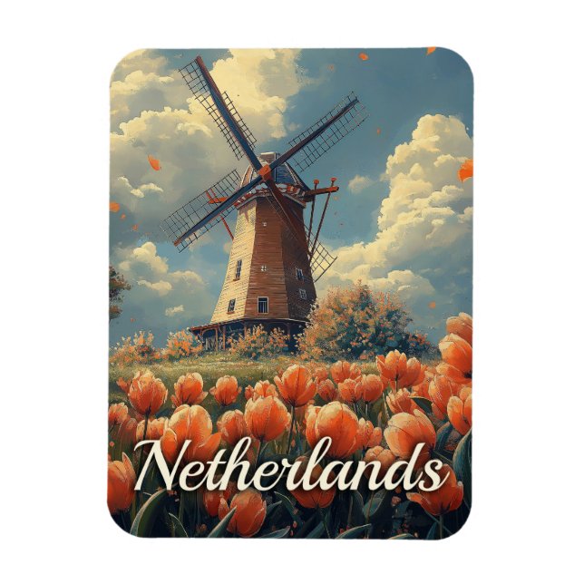 Vintage Dutch Windmill : Tulips and Charm Magnet (Vertical)