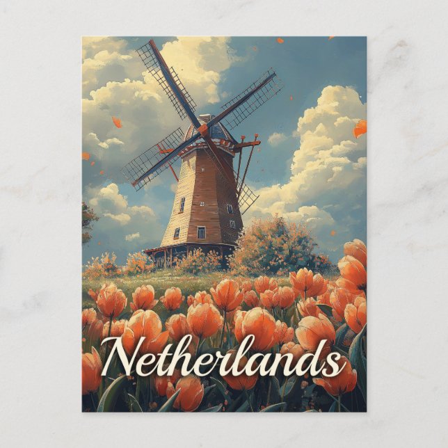 Vintage Dutch Windmill : Tulips and Charm Postcard (Front)