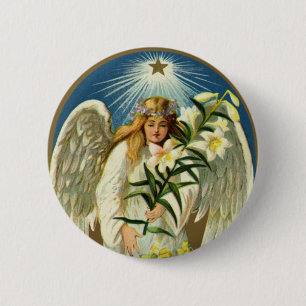 Vintage Easter Angel, Lamb, Lily Flower, Gold Star 6 Cm Round Badge