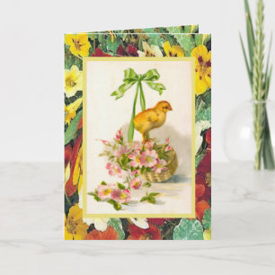 Vintage Easter, basket with chick and flowers Holiday Card