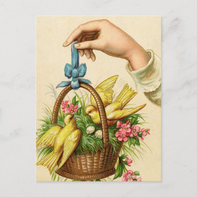Vintage Easter Basket Yellow Birds and Hand Postcard (Front)