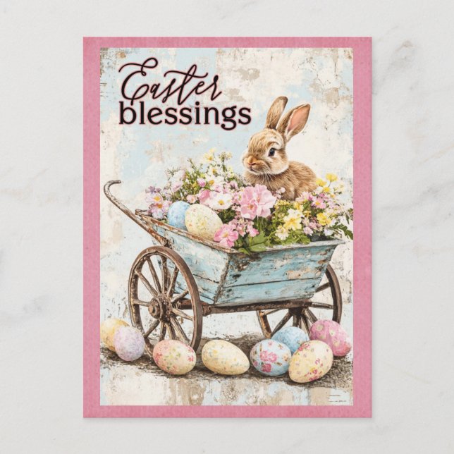 Vintage Easter Blessings Bunny Rabbit Egg Postcard (Front)